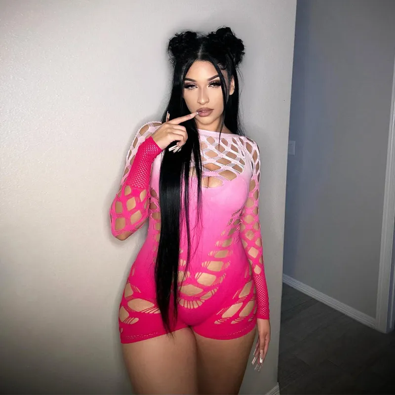 Women One-Piece High Elasticity Gradient Color Hollow Long Sleeve Street Rompers