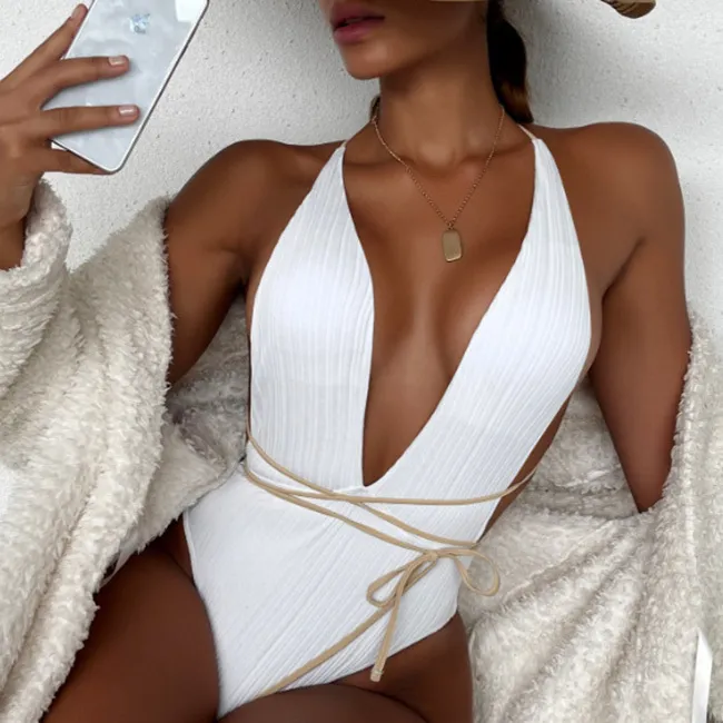Women's V-Neck One-Piece Swimsuit Fashion Beach Summer Sexy Polyester