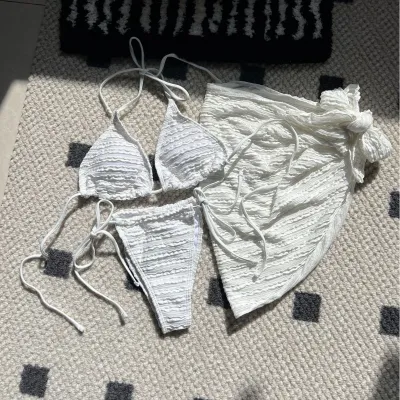 Women Summer Solid Color Polyester Three-Piece Swimwear Set with Coverup