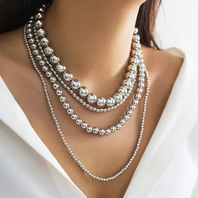 Women Exaggerated Cyber Punk Style Multi-Layer Round Bead Stacked Necklace