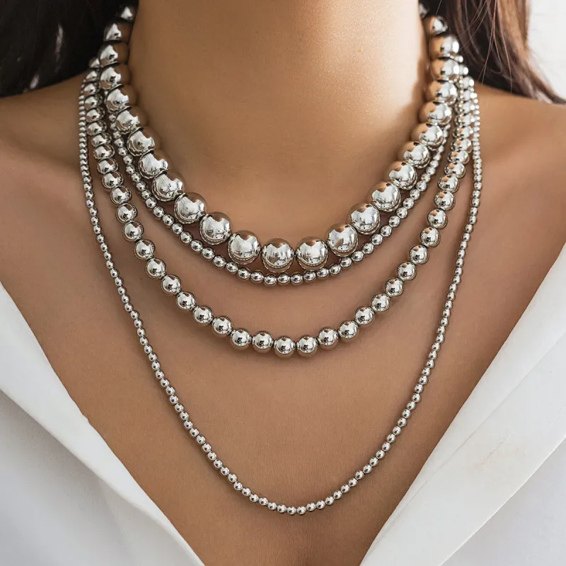 Women Exaggerated Cyber Punk Style Multi-Layer Round Bead Stacked Necklace