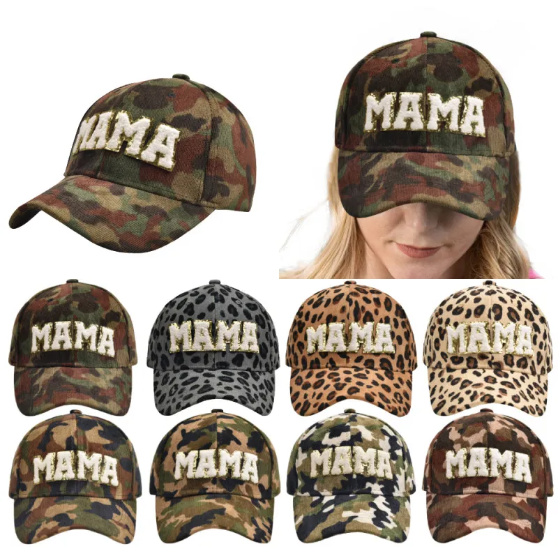 Vintage Women Leopard Camouflage Corduroy Letter Mama Baseball Cap