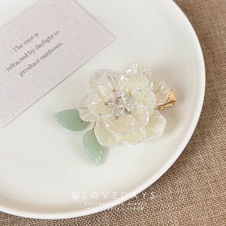 Women Fashion Imitation Shell Crystal Camellia Hair Clip