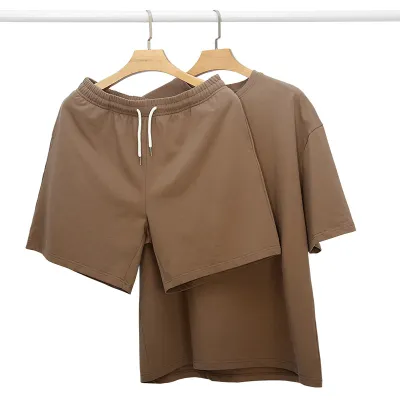 Men Fashion Casual Solid Color Basic Short Sleeve Round Neck T-Shirt Shorts Set