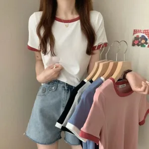 Women Casual Color Contrast Round Neck Short Sleeve T-Shirt
