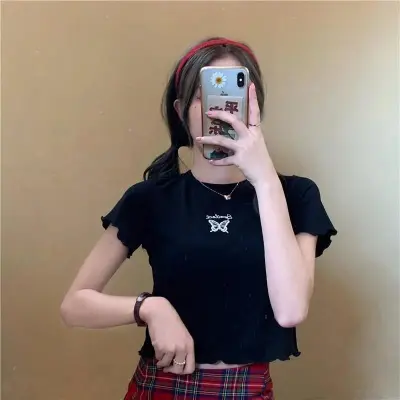 Women's Butterfly Embroidered Crop T-Shirt - Slim Fit Short Sleeve