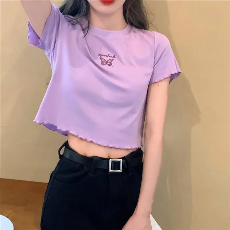 Women's Butterfly Embroidered Crop T-Shirt - Slim Fit Short Sleeve