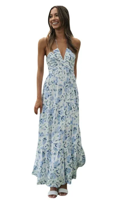 Women Vacation Casual Backless Maxi Dress with Tiny Flower Print