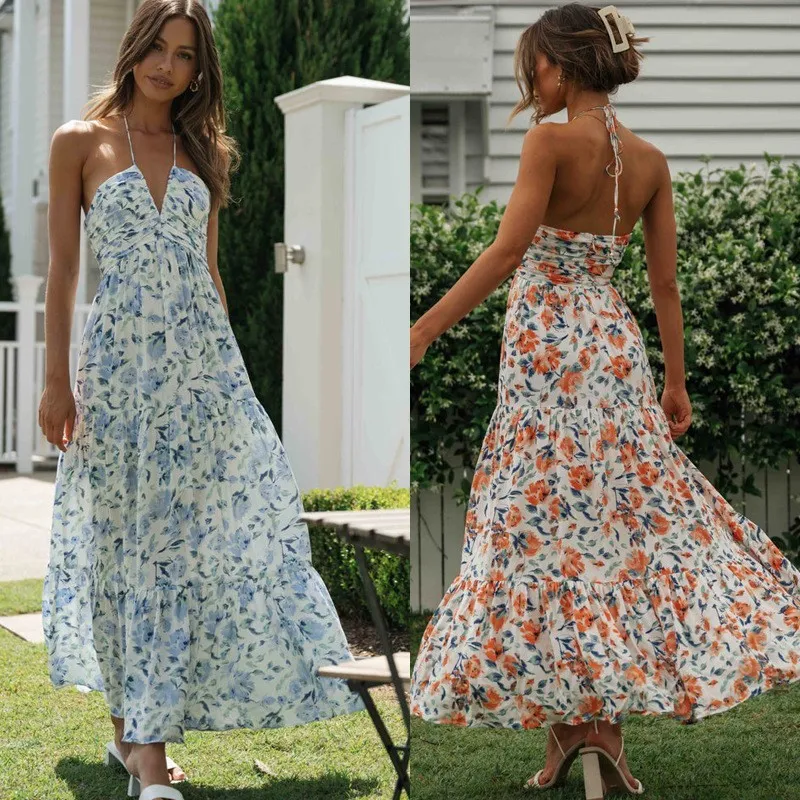 Women Vacation Casual Backless Maxi Dress with Tiny Flower Print