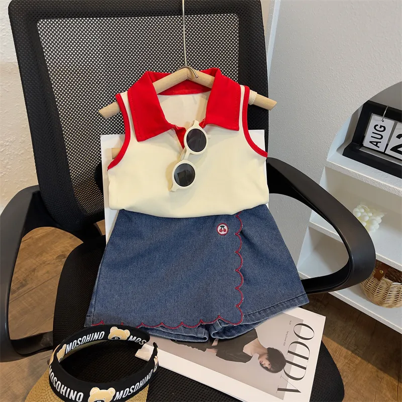 Kids Toddler Girls Fashion Casual Cute Color Matching Sleeveless Lapel Top Denim Shorts Set