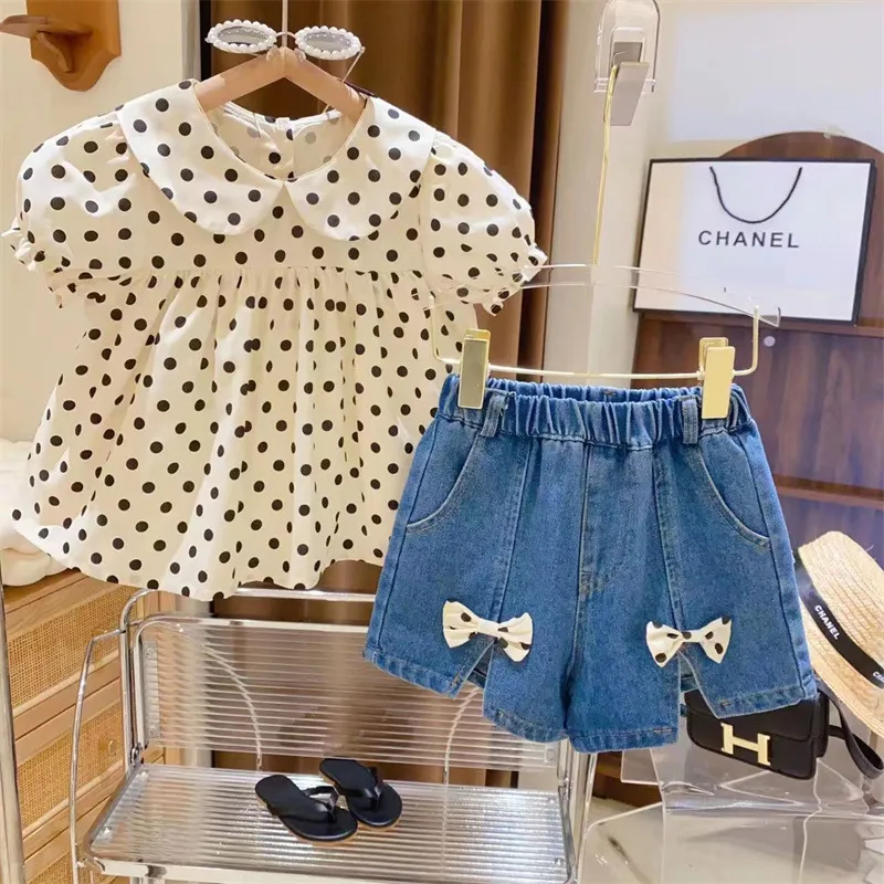 Kids Toddler Girls Fashion Casual Polka Dot Print Short Sleeve Lapel Top Denim Shorts 2-Piece Set