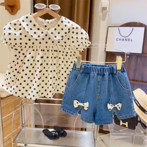 Kids Toddler Girls Fashion Casual Polka Dot Print Short Sleeve Lapel Top Denim Shorts 2-Piece Set