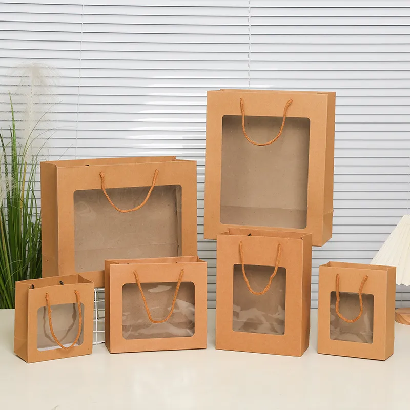Creative Kraft Paper Shopping Bags with Transparent Window Gift Packaging