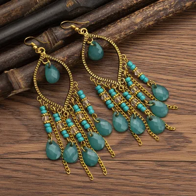 Bohemian Ethnic Style Retro Resin Heart Tassel Earrings