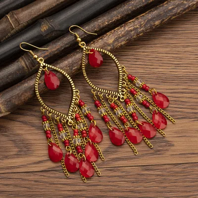 Bohemian Ethnic Style Retro Resin Heart Tassel Earrings