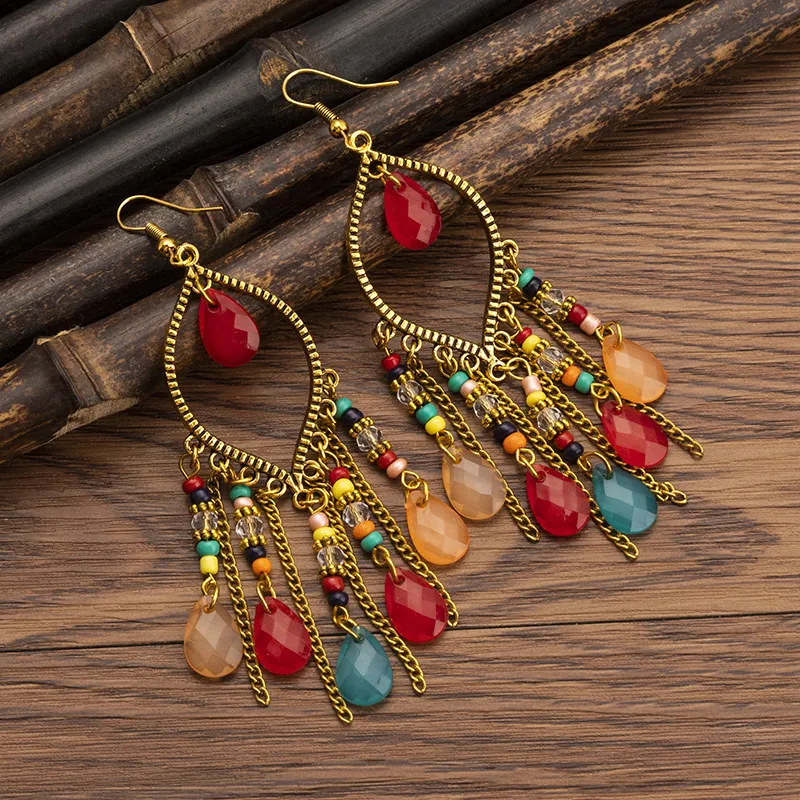 Bohemian Ethnic Style Retro Resin Heart Tassel Earrings