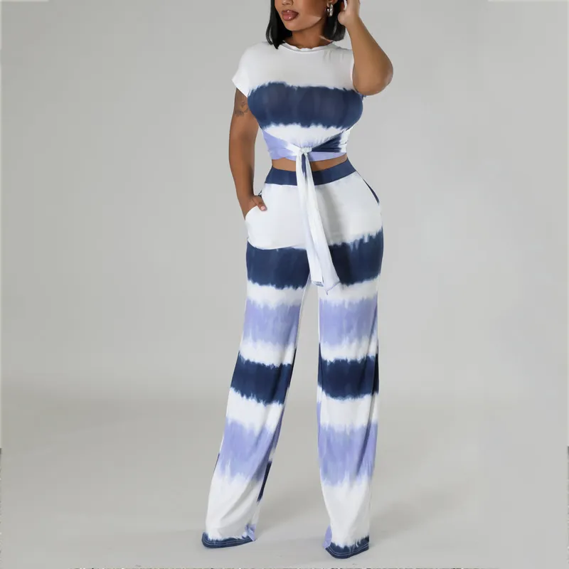 Women Fashion Color-Block Lace-Up Round Neck Short-Sleeved Top Wide-Leg Pants Two-Piece Set