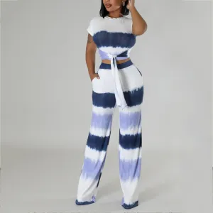 Women Fashion Color-Block Lace-Up Round Neck Short-Sleeved Top Wide-Leg Pants Two-Piece Set