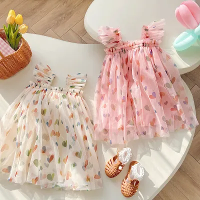 Summer Kids Toddler Girls Heart-Shaped Mesh Print Dress