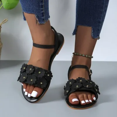 Women Fashion Plus Size Three-Dimensional Flower Round Toe Flat Sandals