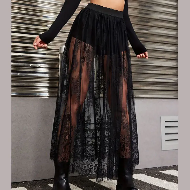 Summer Women Gothic Lace See-Through Mesh Skirt