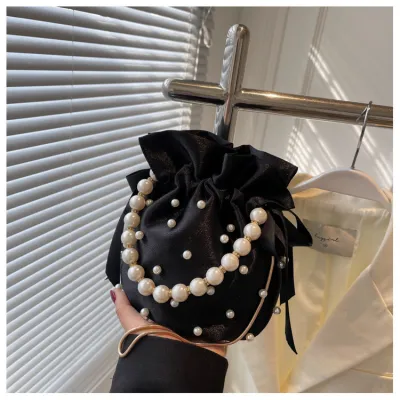 Women Fashion Pearl Chain Bucket Crossbody Bag