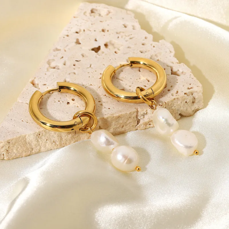 Women Fashion Freshwater Pearl Double Layer Gold Plated Stainless Steel Drop Earrings