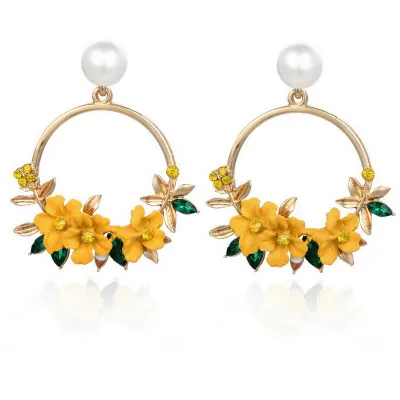 Women Fashion Floral Ceramic Pearl Alloy Earrings