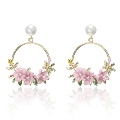 Women Fashion Floral Ceramic Pearl Alloy Earrings