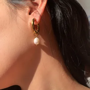 Women Freshwater Pearl Pendant Double Layer Gold Plated Stainless Steel Earrings