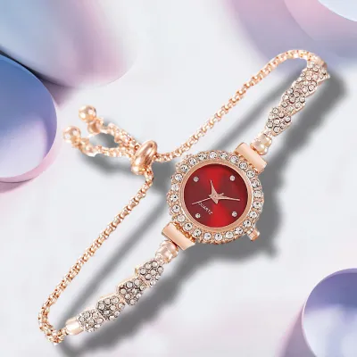 Women Fashion Round Rhinestone Dial Pull-Out Chain Watch Alloy Casual