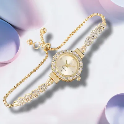 Women Fashion Round Rhinestone Dial Pull-Out Chain Watch Alloy Casual