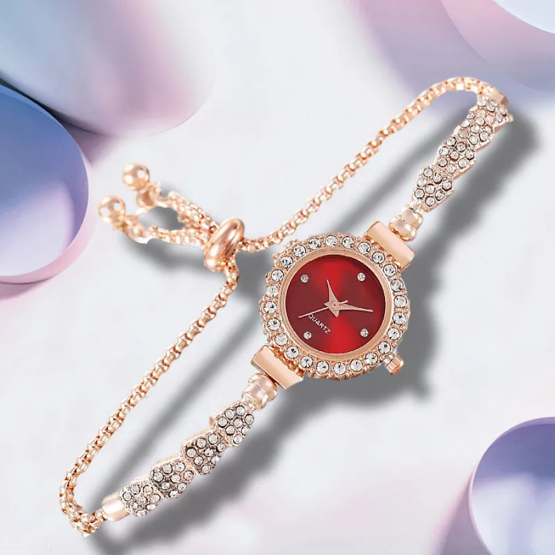 Women Fashion Round Rhinestone Dial Pull-Out Chain Watch Alloy Casual