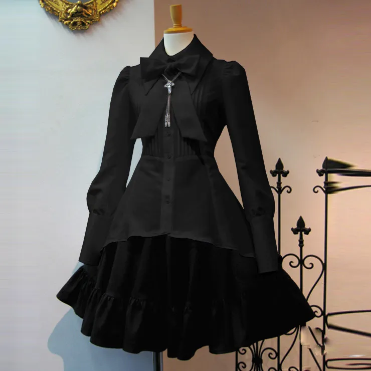 Women Vintage Dark Gothic Lap Bow Lace Long Sleeve Midi Dress