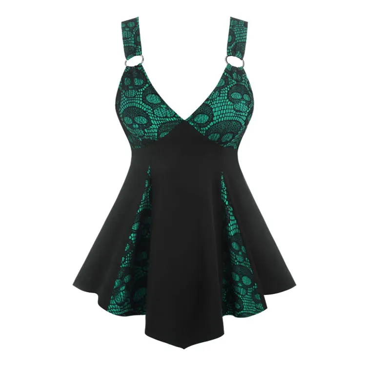 Women Gothic Skull Strap Dress with V-Neck and Lace Stitching