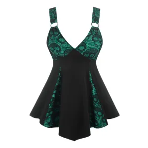 Women Gothic Skull Strap Dress with V-Neck and Lace Stitching
