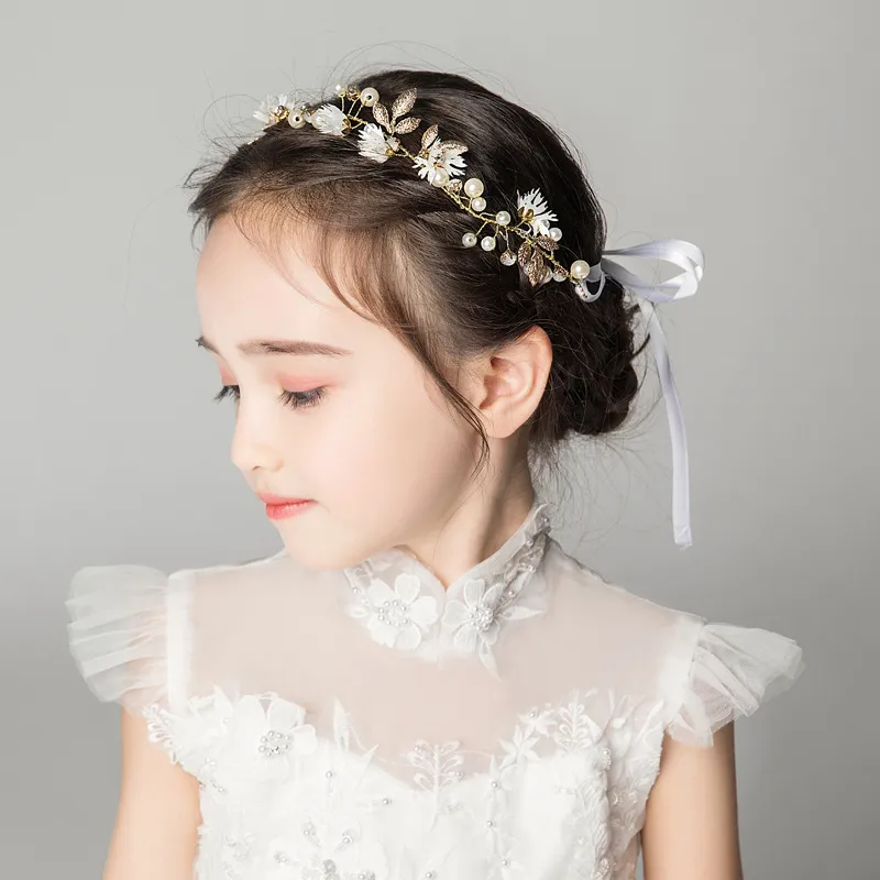Kids Girls Cute Sweet Party Pearl Garment Headwear Plaid Flowers Cloth Children