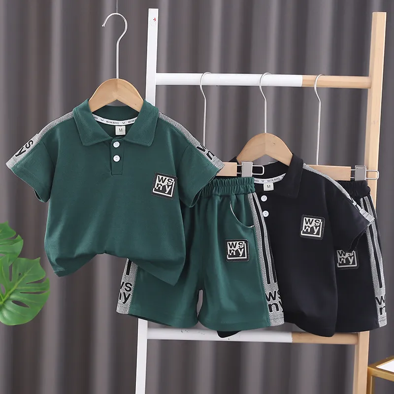 Kids Toddler Boys Fashion Casual Letter Print Short Sleeve Lapel Shirt And Shorts Set Two-Piece Cotton Pullover