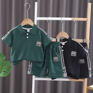 Kids Toddler Boys Fashion Casual Letter Print Short Sleeve Lapel Shirt And Shorts Set Two-Piece Cotton Pullover