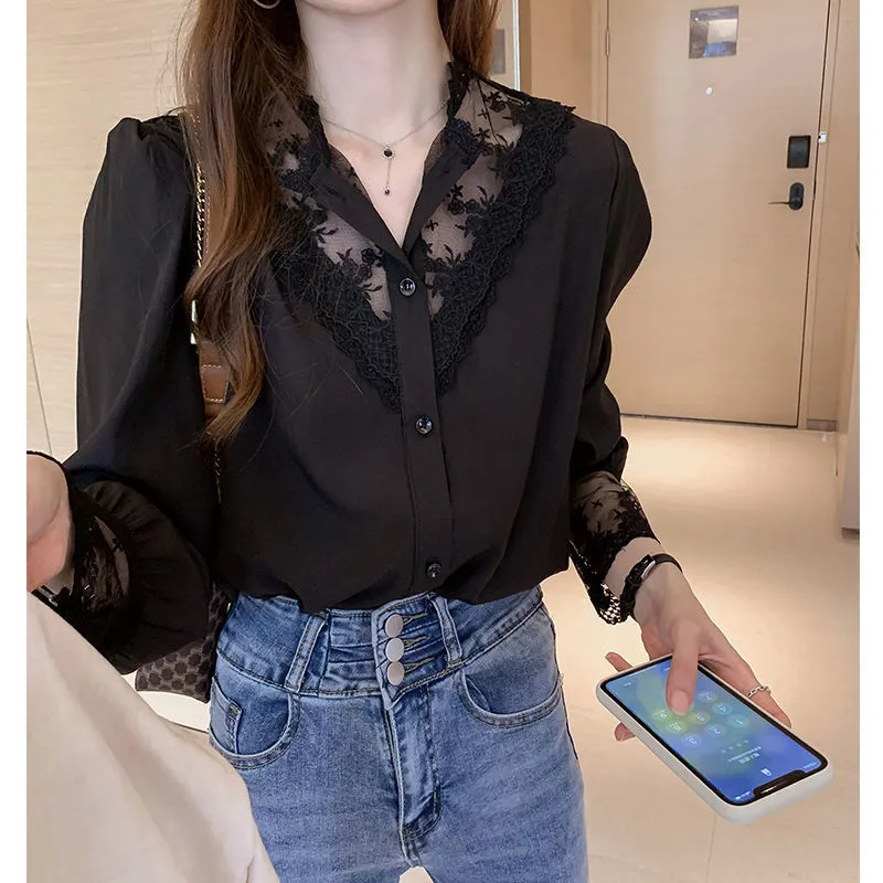 Women Fashion Lace Chiffon Stitching Blouses Slim Fit Cardigan