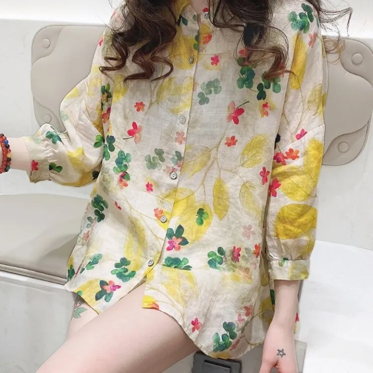 Women Vintage Floral Print Long Sleeve Bat Sleeve Blouse Cardigan