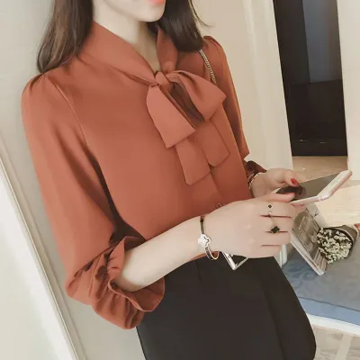 Women Elegant Solid Color Long Sleeve Bow Blouses