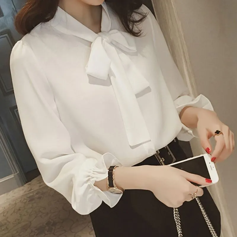 Women Elegant Solid Color Long Sleeve Bow Blouses