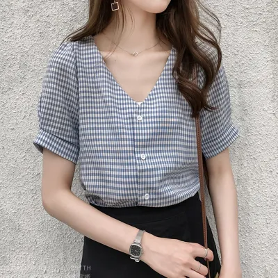 Women's V-Neck Plaid Printed Short-Sleeve Blouses Cardigan Commuter Wind