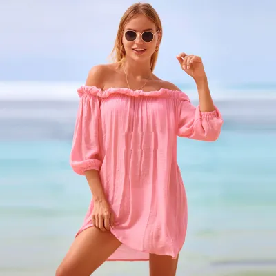 Women Fashion Sexy Solid Color Off Shoulder Bikini Swimsuit Cover-Ups