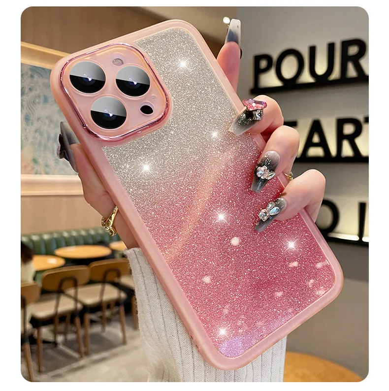 Women Simple Gradient Glitter Matte Apple All-Inclusive Self-Contained Lens Film Mobile Phone Protective Case