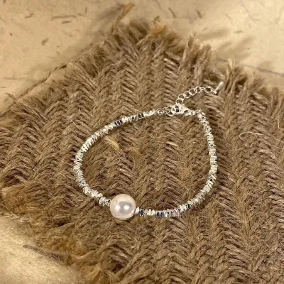 Women's Retro Irregular Broken Silver Pearl Beaded Bracelet