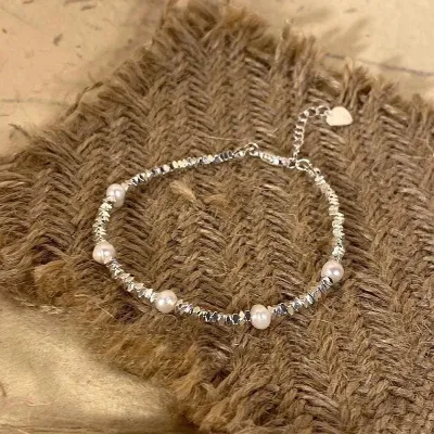 Women's Retro Irregular Broken Silver Pearl Beaded Bracelet