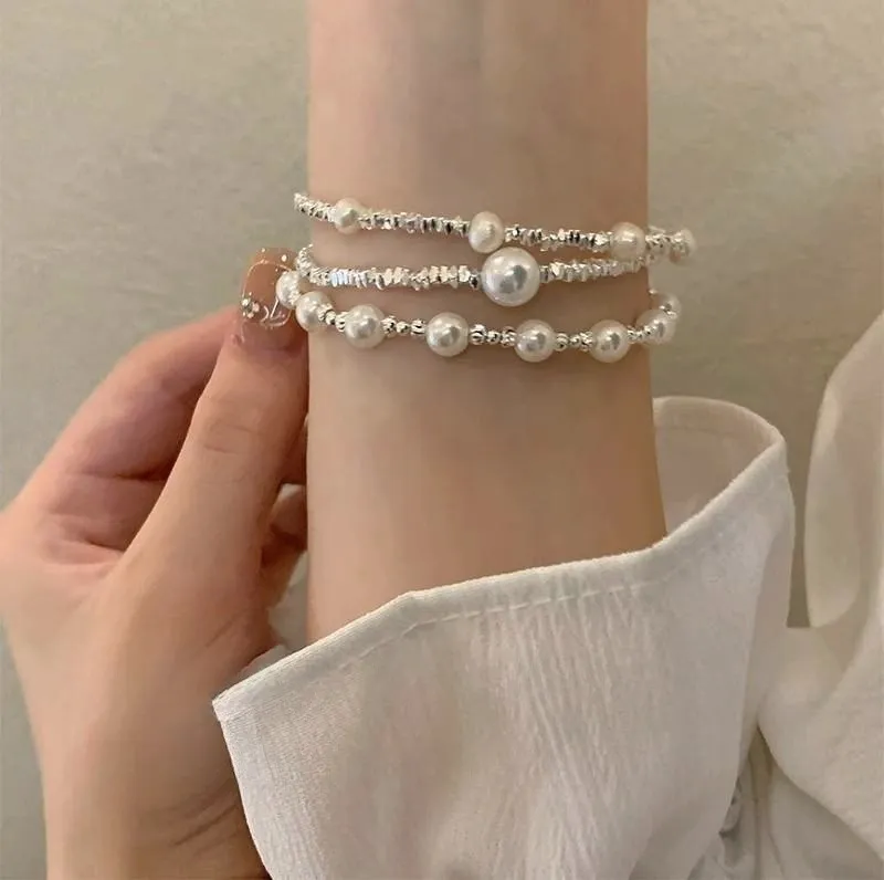 Women's Retro Irregular Broken Silver Pearl Beaded Bracelet