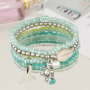 Women Fashion Ocean Style Small Whale Turtle Pendant Glass Rice Bead Multi-Layer Bracelet Set